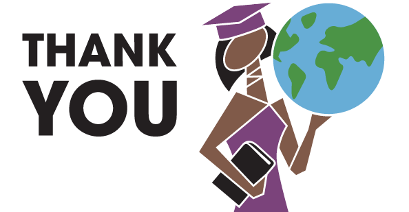 GiGi (Girls Group logo mascot) in cap and gown and holding the earth