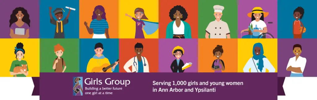 Illustration of diverse participants with various careers and banner saying, "Serving 1,000 girls and young women in Ann Arbor and Ypsilanti"