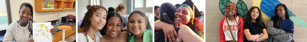 Photos of participant holding worksheet, group of three participants, college graduate hugging mentor, and group of three participants in front of mural